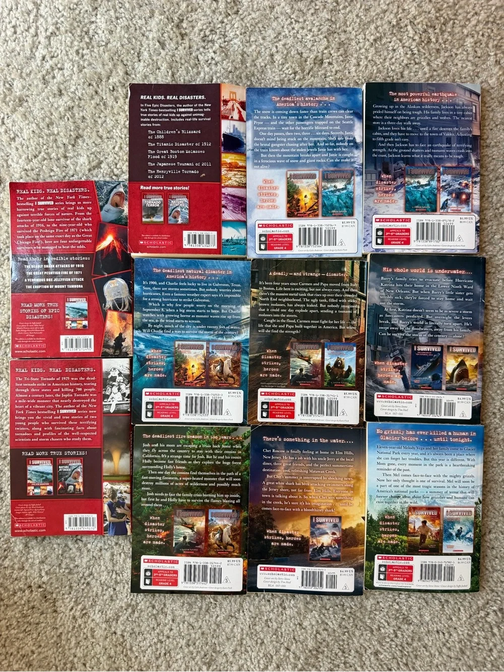 Scholastic 'I Survived' Book Lot — Red, Blue & Brown Covers 11 books Like New